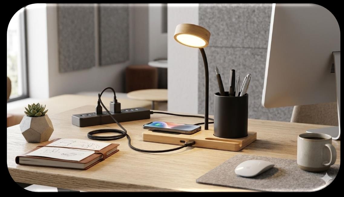 Organiseur bureau en bois rectangulaire avec pot de stylo noir, lampe LED et chargeur Wireless