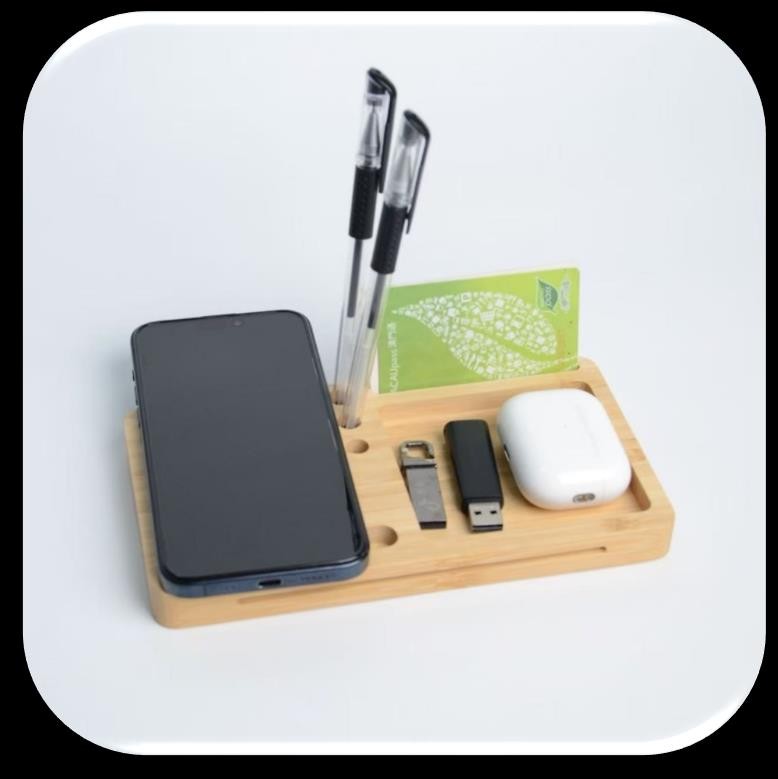 Organiseur en bois avec chargeur wireless , bande en led et support stylo/porte carte visite
