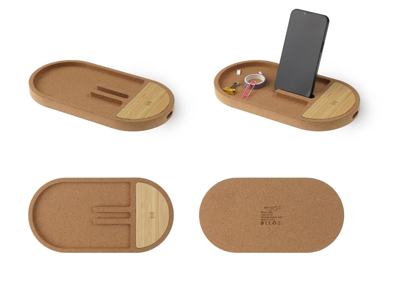 Support téléphone vide poche en liège et bois