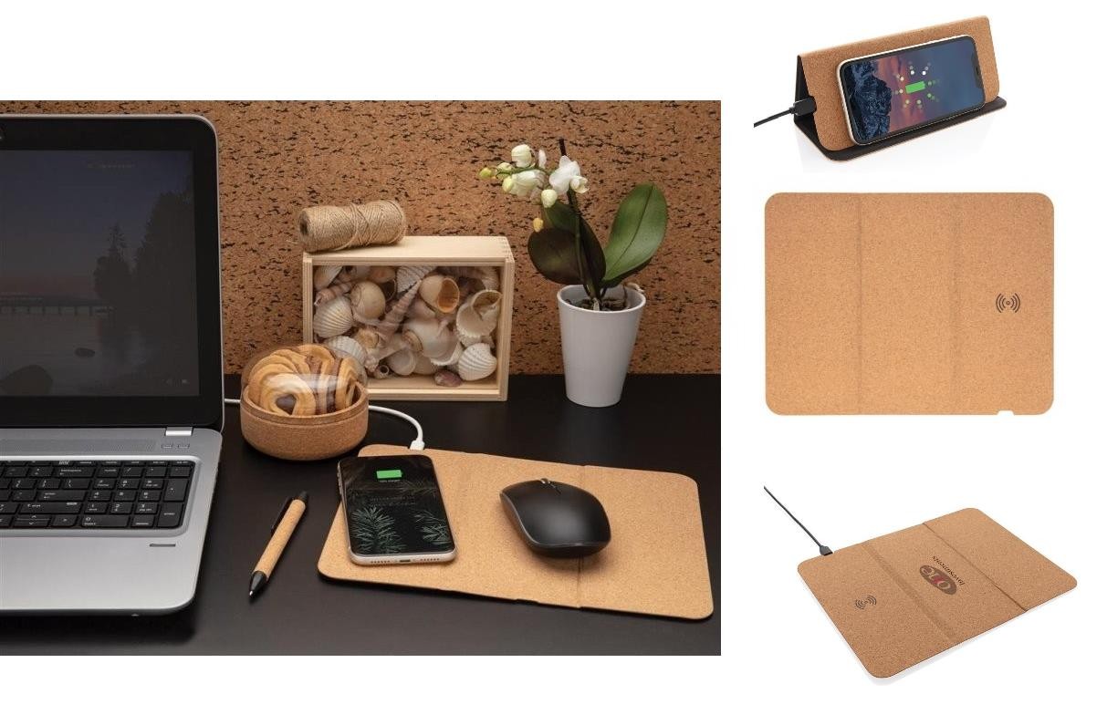 Tapis souris pliable rectangulaire en liège avec chargeur Wireless