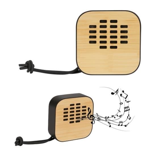 Haut parleur cube métal noir avec face en bois et anse en similicuir