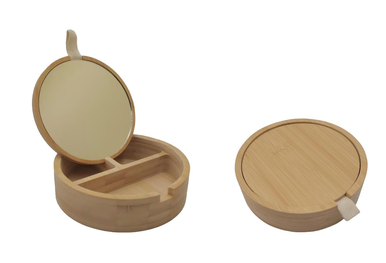 Boite à bijou en bois ronde avec miroir