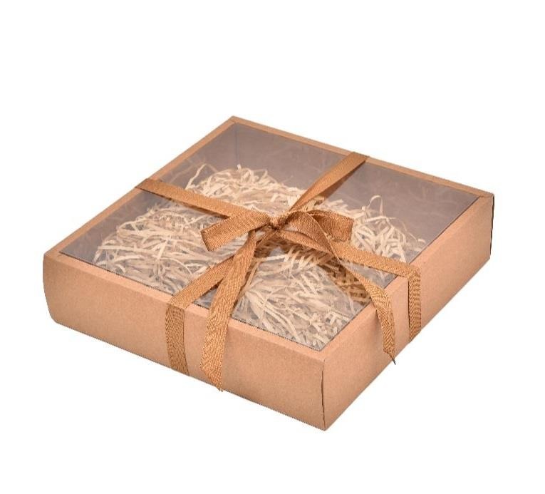 BOITE EN KRAFT 30X30X7,8CM AVEC COUVERCLE EN PLASTIQUE TRANSPARENT