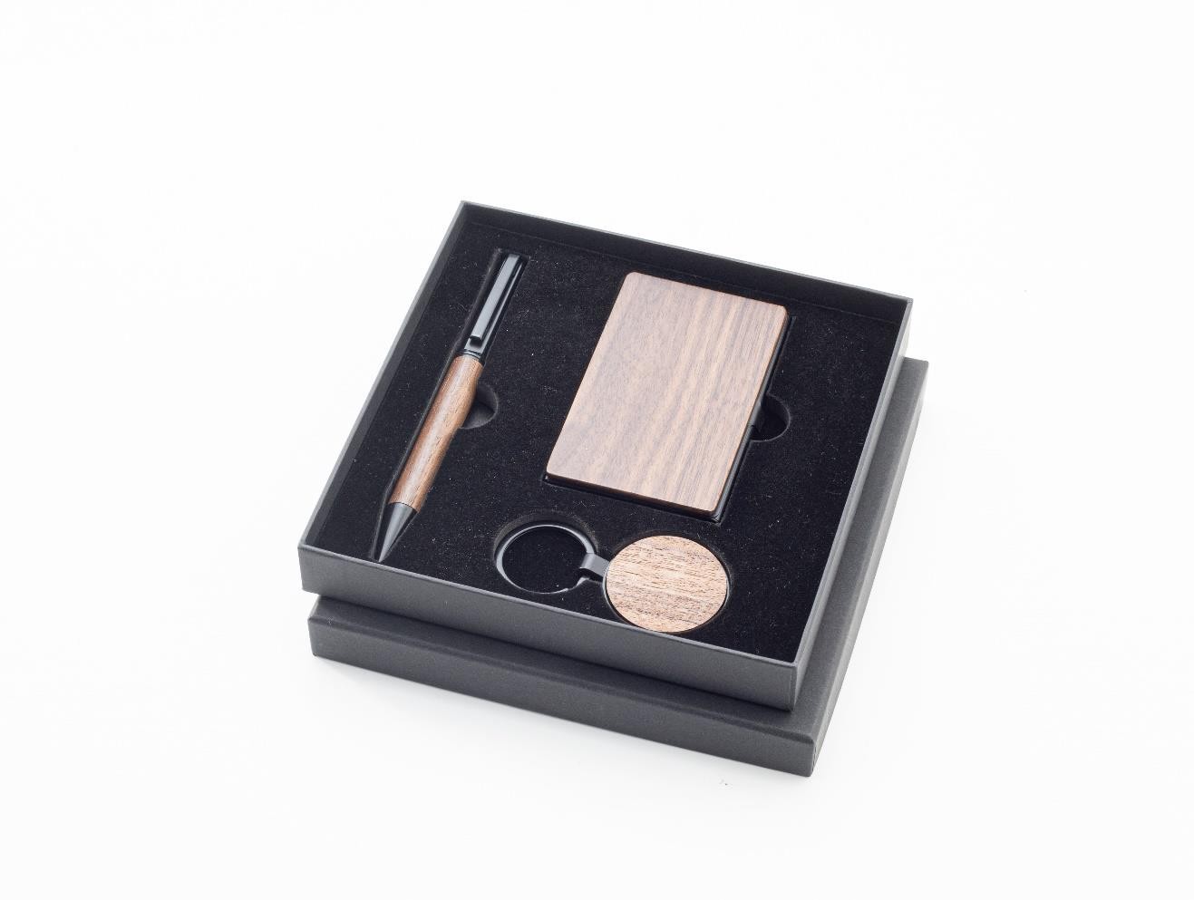 Coffret 3pcs stylo porte clé rond er porte carte visite avec effet noyer