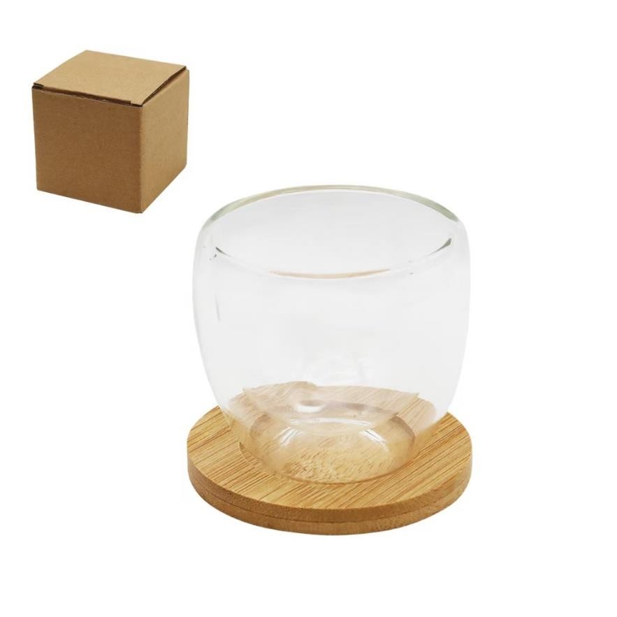 Tasse en verre double avec socle en bois