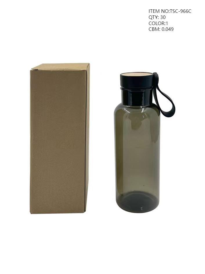 Gourde en plastique marron 600ml avec couvercle partie en bois et anse en silicone noir