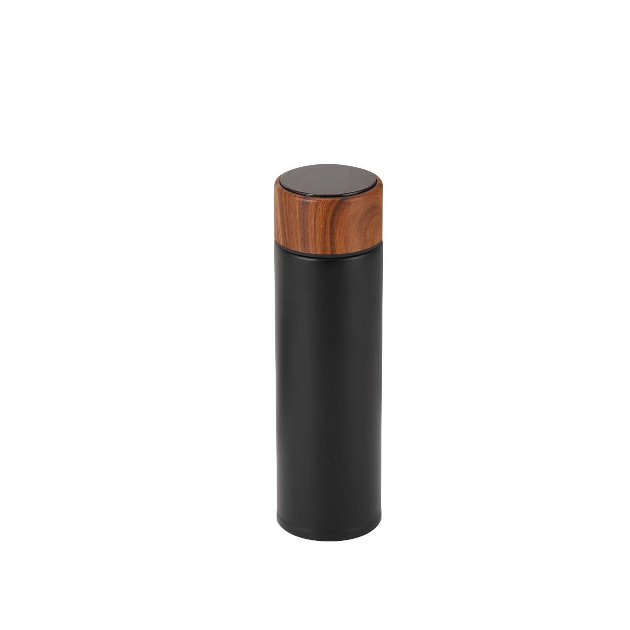 Bouteille thermos isotherme double paroi 350ml couvercle effet bois avec couvercle miroir noir BLANC/NOIR