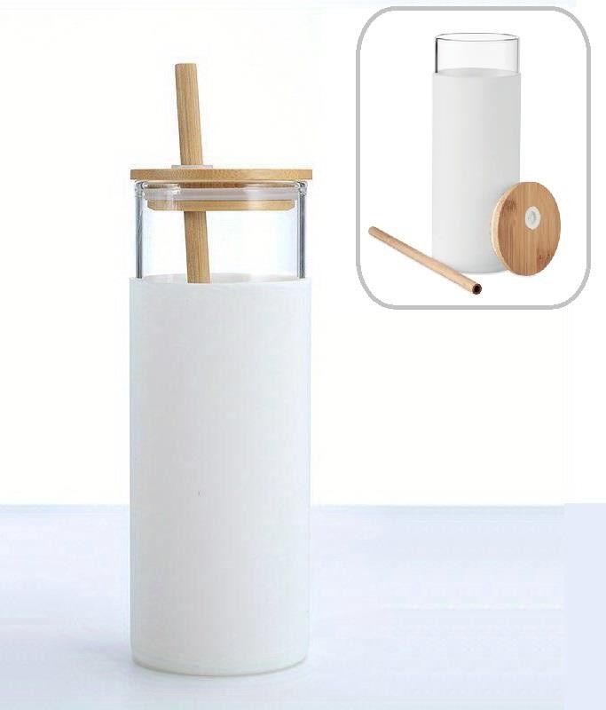 Gourde bouteille en verre 450ml avec silicone paille et couvercle en bois