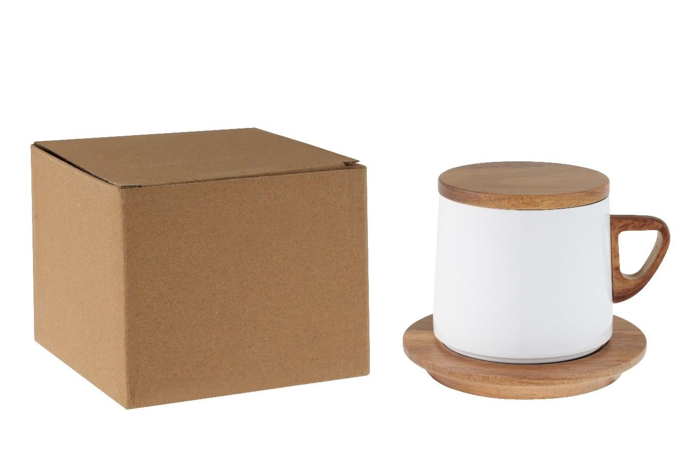Tasse en inox avec sous tasse et couvercle en bois noyer