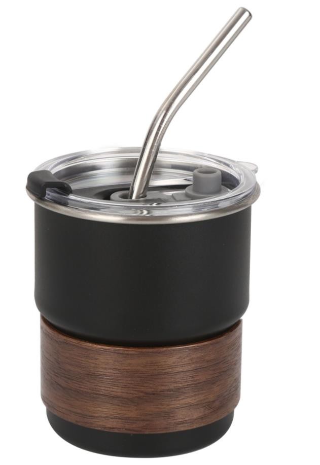 Mug isotherme noir avec socle en noyer avec paille