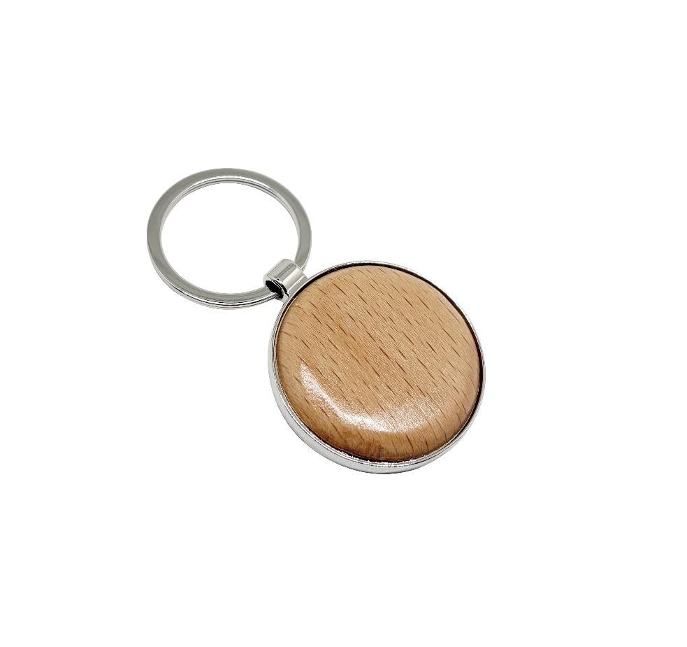 Porte clé metal rond bois bombé cadre chromé