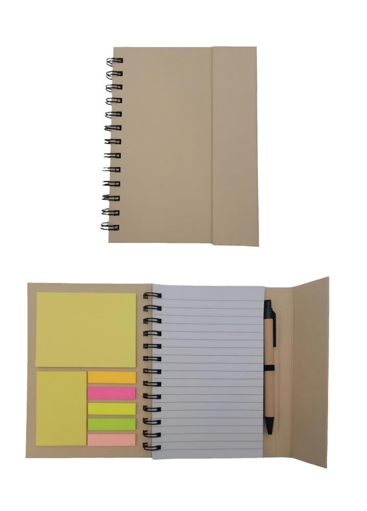 Carnet écologique en papier 3 volets spirale avec post-it et stylo integré