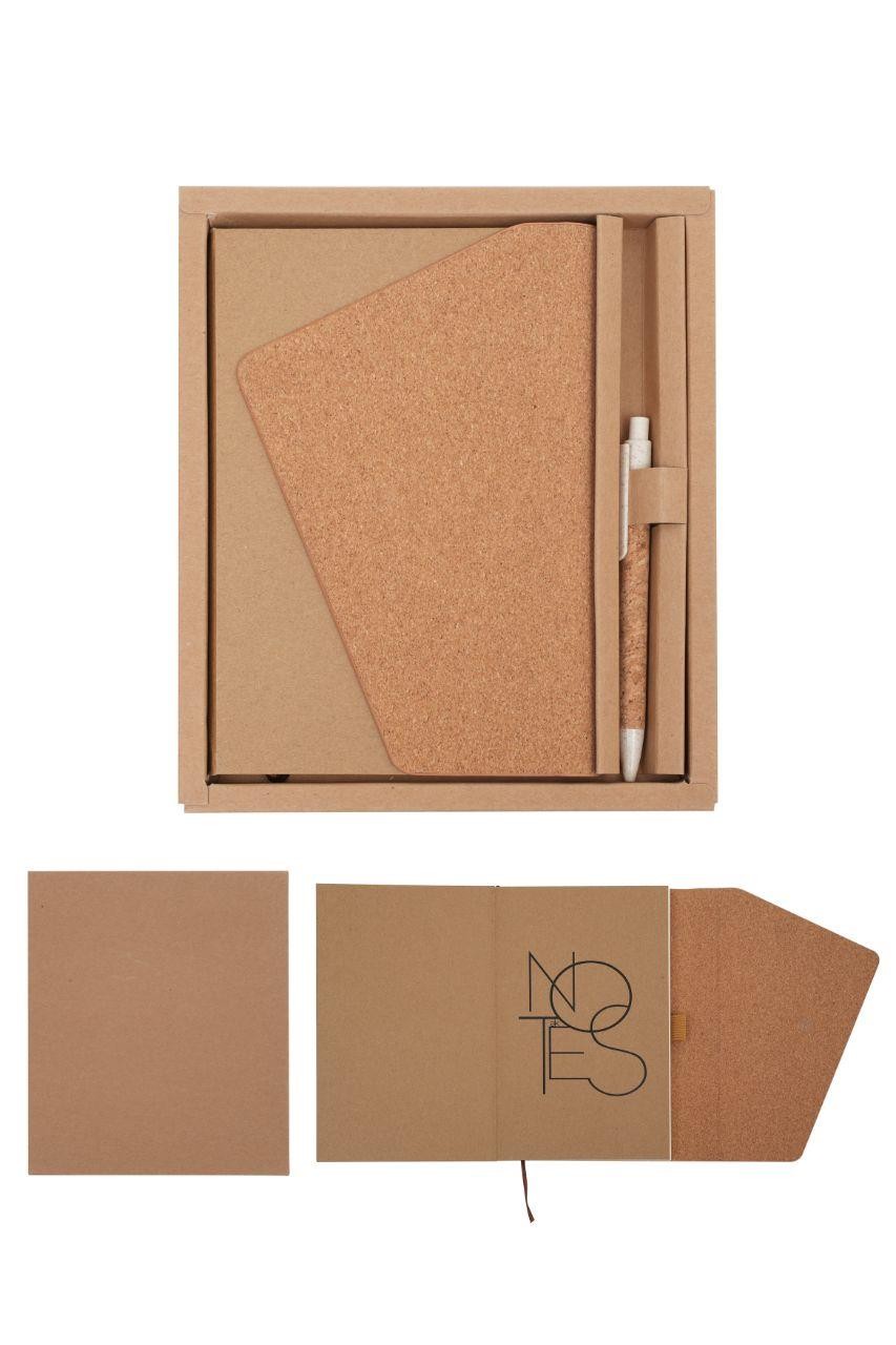 Coffret bloc note carton et liège avec stylo plastique recyclé
