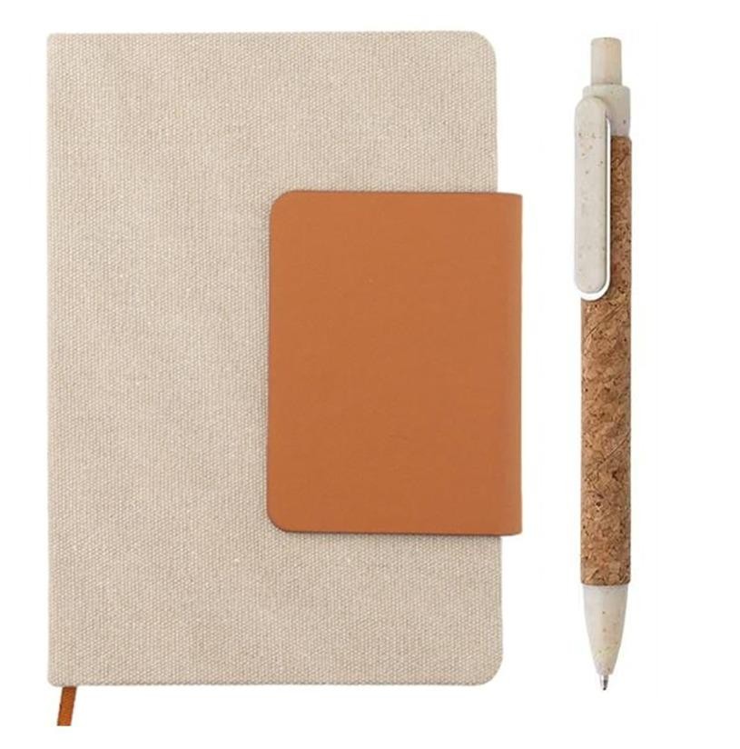 Coffret 2pcs bloc note en toile avec fermeture en simili cuir tabac avec stylo liège