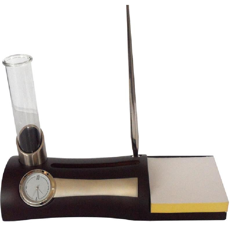 Coffret montre de bureau bois avec vase stylo et bloc