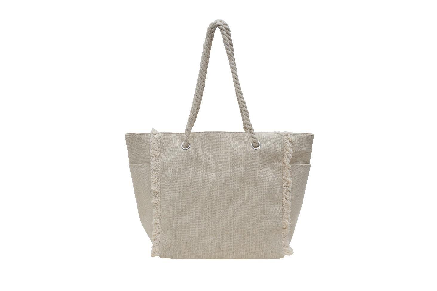 Sac en tissu beige coton toile avec zip et anse torsadé +poche bouteille 2 cotes 54x35x19cm