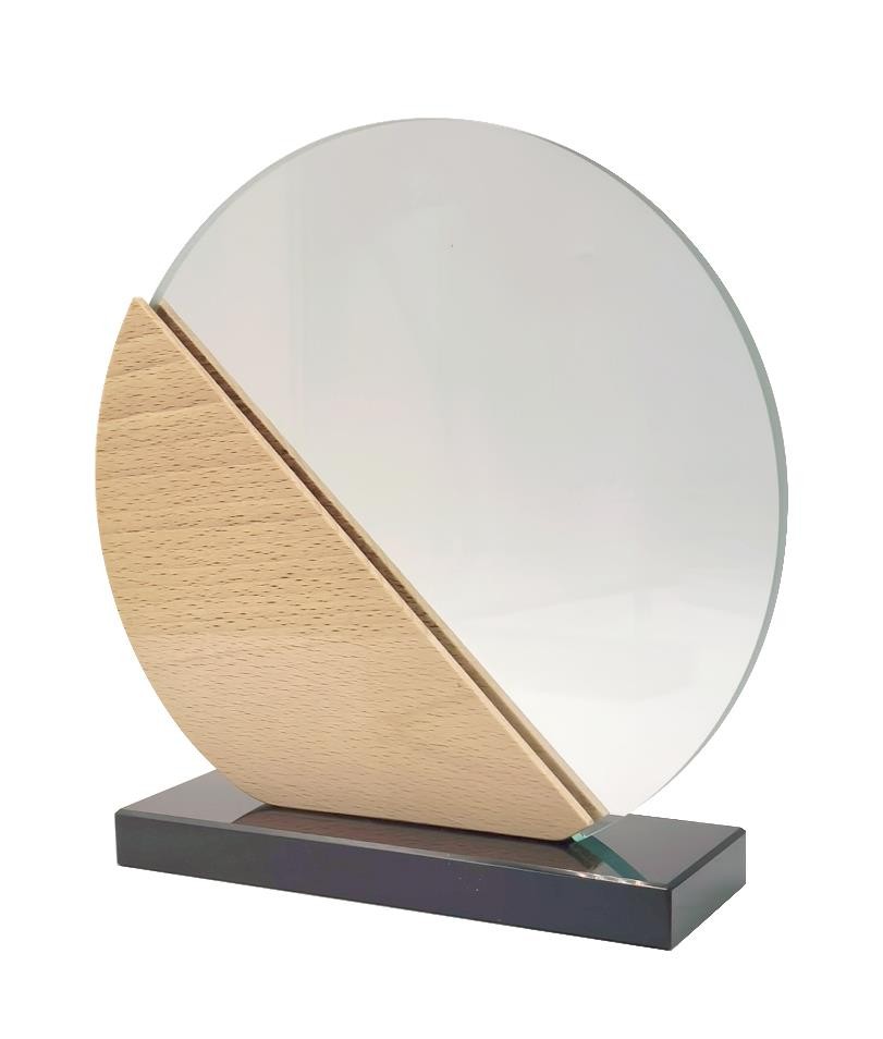 Trophée en cristal rond demi bois socle noir