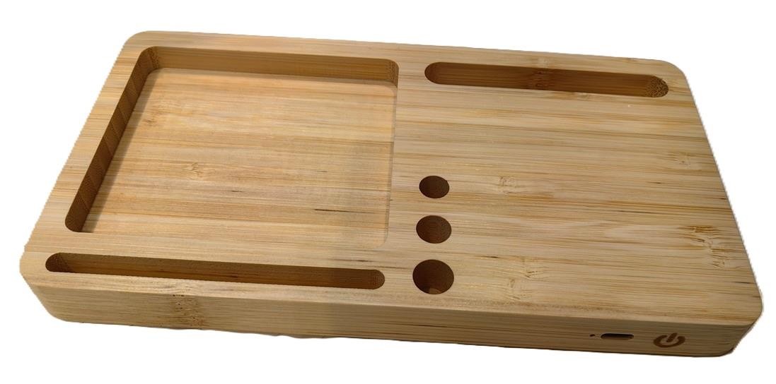 Organiseur en bois avec chargeur wireless , bande en led et support stylo/porte carte visite
