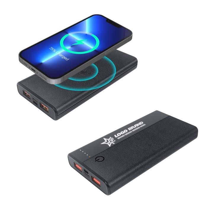 Power Bank Wireless simili noir 10000mAh avec logo lumineux
