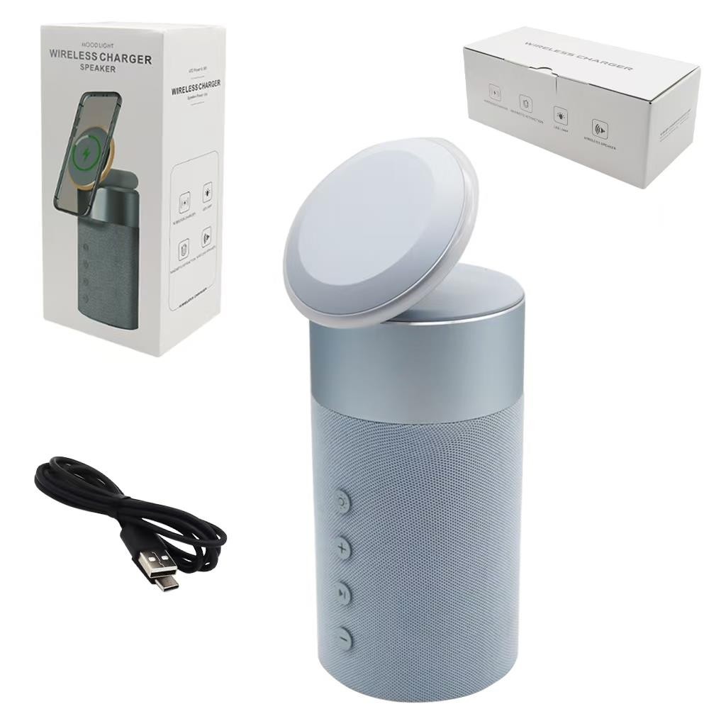 HAUT PARLEUR BLUETOOTH 18X8CM WIRELESS GRIS 3 EN 1 AVEC VEILLEUSE ET CHARGEUR WIRELESS
