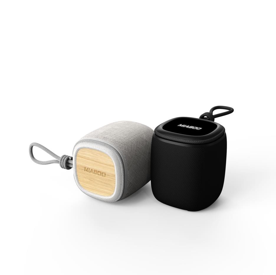 Haut parleur 5w beige avec partie en bois avec anse en coton