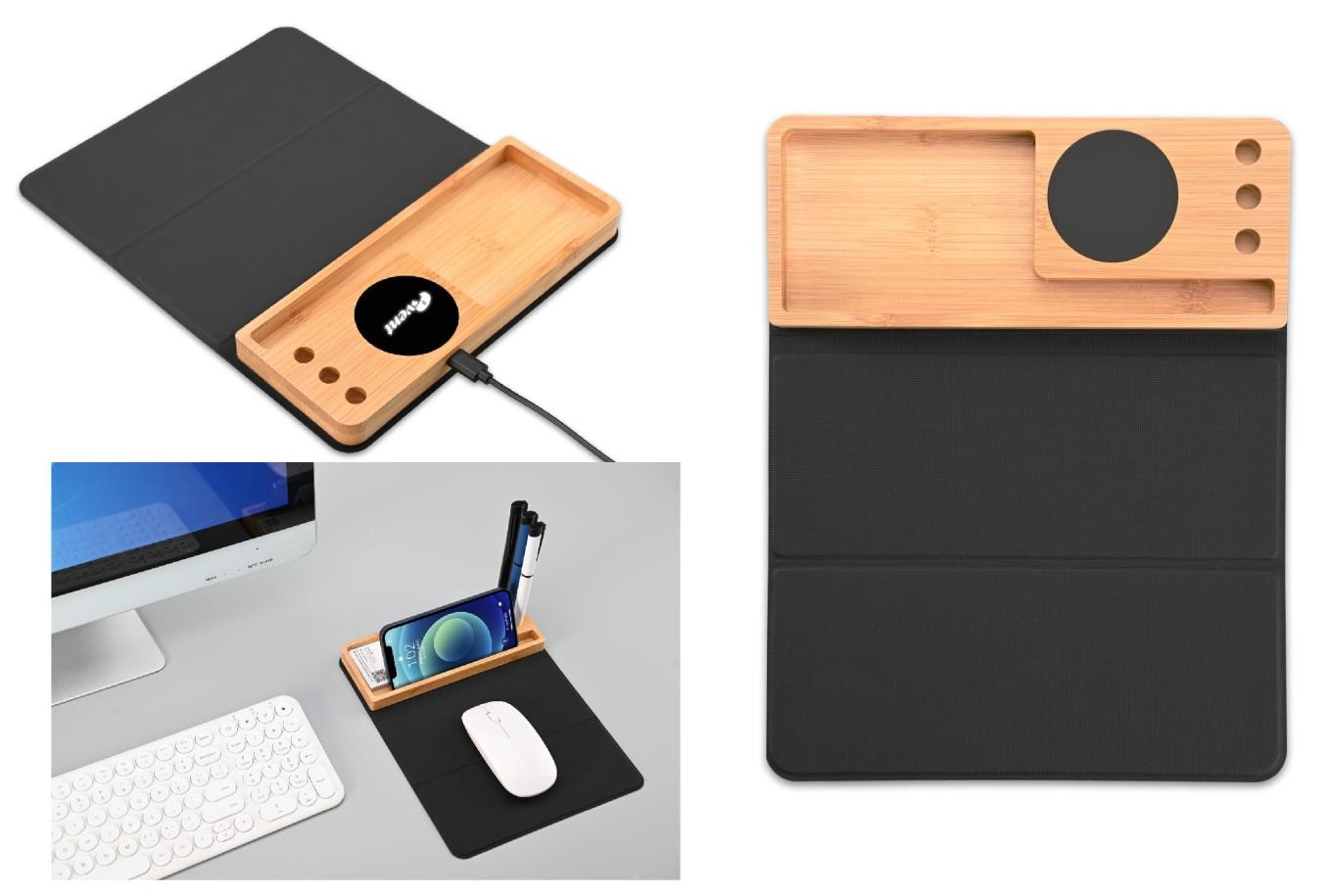 Tapis souris noir et bois avec chargeur Wireless pose stylo et pose Gsm