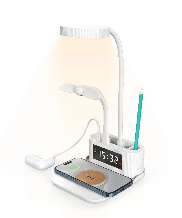 Lampe de bureau LED avec pot de stylo et chargeur Wireless  BLANC/noir