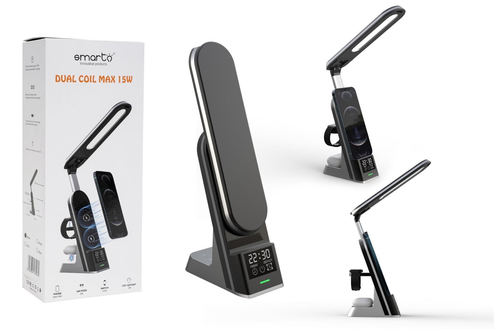 Lampe de bureau noir avec montre digitale, chargeur Wireless et chargeur