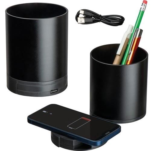 Pot de stylo aluminium noir avec hub et chargeur téléphone