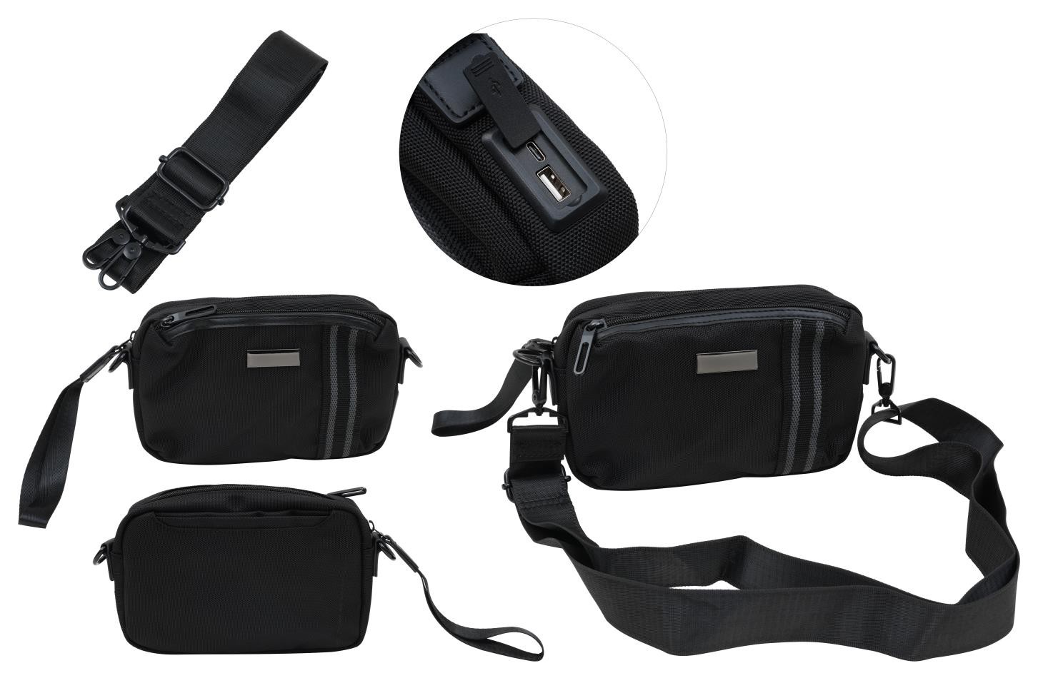 Sac bananière noir avec sortie USB et bandoulière