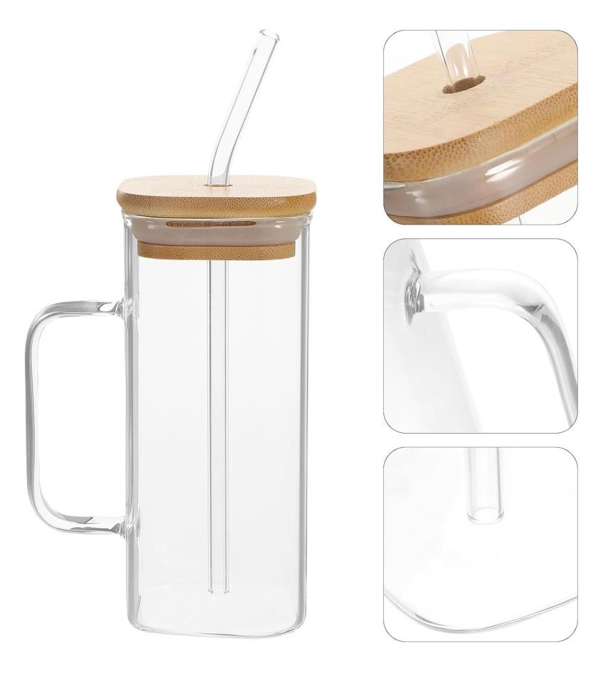 Mug en verre avec paille et couvercle en bois