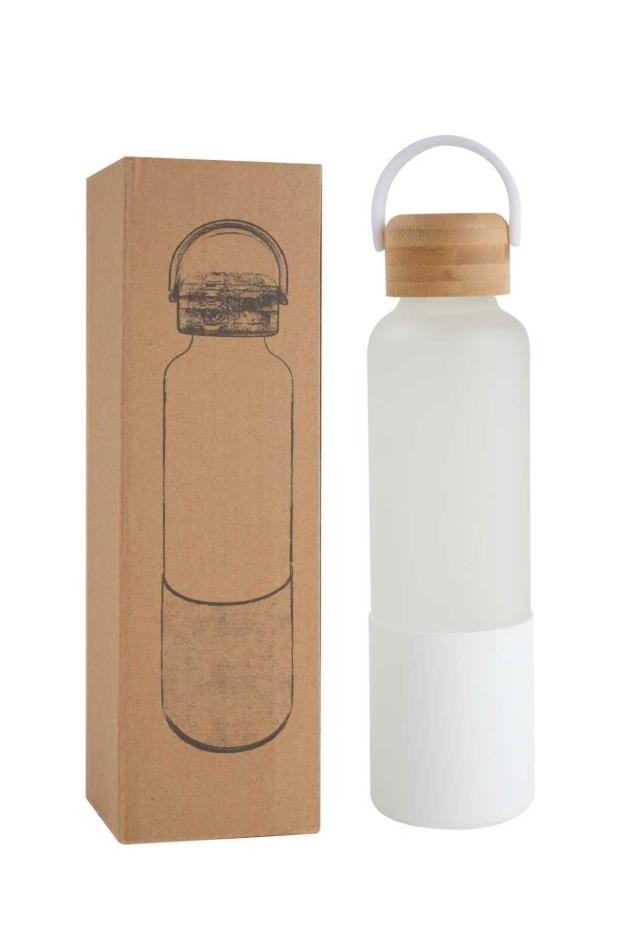 Gourde en verre couvercle en bois et socle en silicone blanc