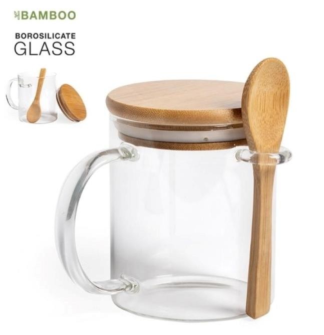 Tasse à café en verre 500ml avec cuillère et couvercle en bois