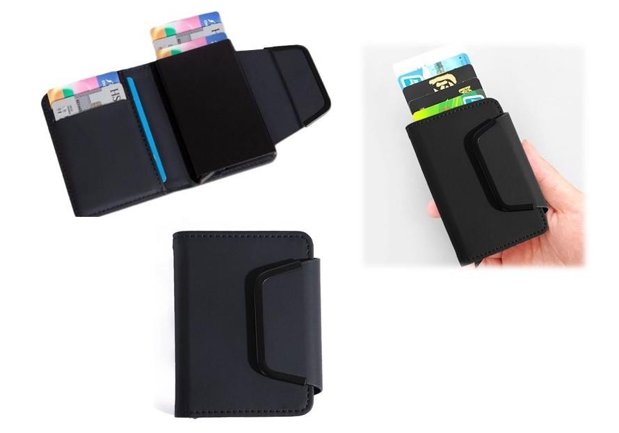 Porte carte RFID en simili noir avec clip metal