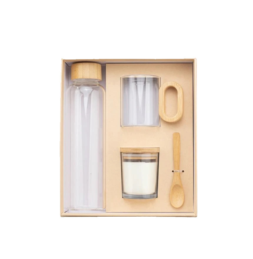 Coffret 4pcs gourde en verre +mug avec cuillère et bougie parfumée
