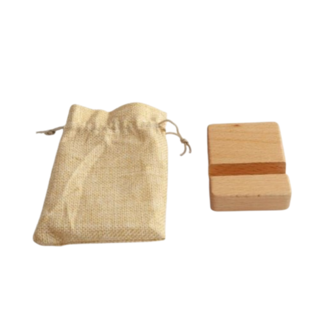 SUPPORT TÉLÉPHONE EN BOIS 8X6X2CM AVEC HOUSSE EN TOILE DE JUTE